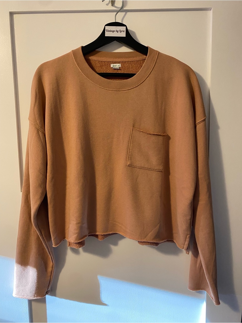 aerie Cropped Crewneck Pocket Sweater - Tan